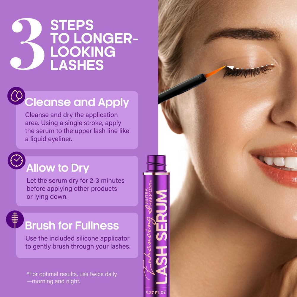 NutraHarmony before-after-lashes illustrates potential longer, fuller look with regular use.