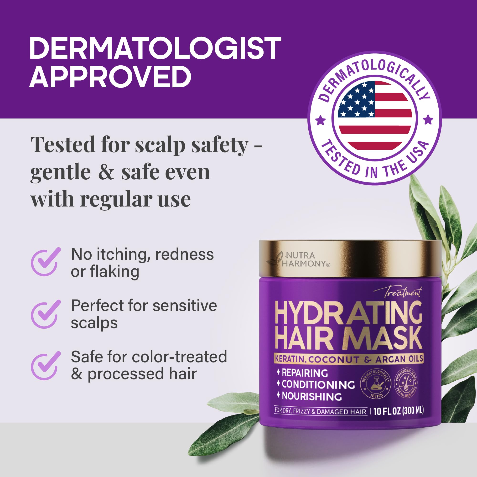 NutraHarmony Hydrating Hair Mask clean-label shot showcasing sulfate-free, cruelty-free care.