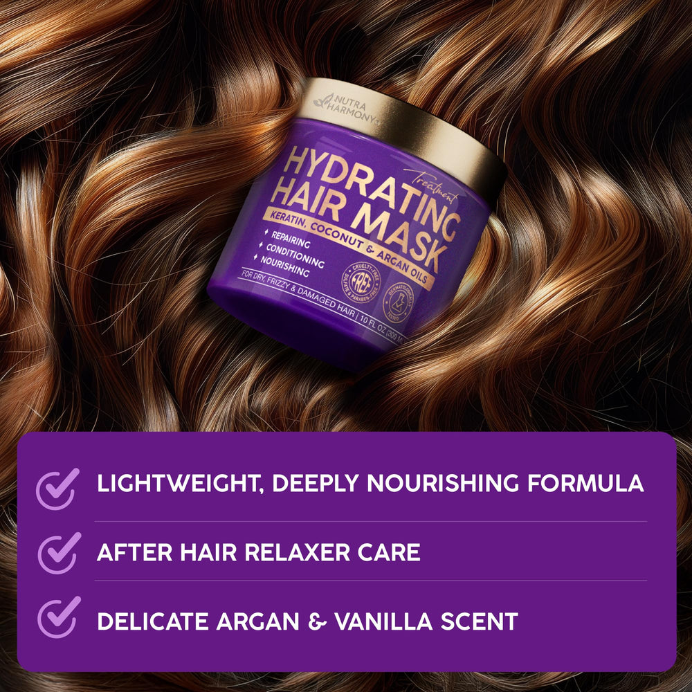 NutraHarmony Hydrating Hair Mask on curly hair delivering defined, frizz-controlled coils.