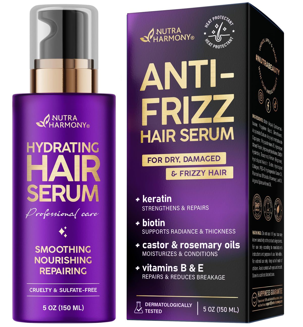 NUTRAHARMONY hydrating hair serum bottle showing lightweight moisture for silky hair