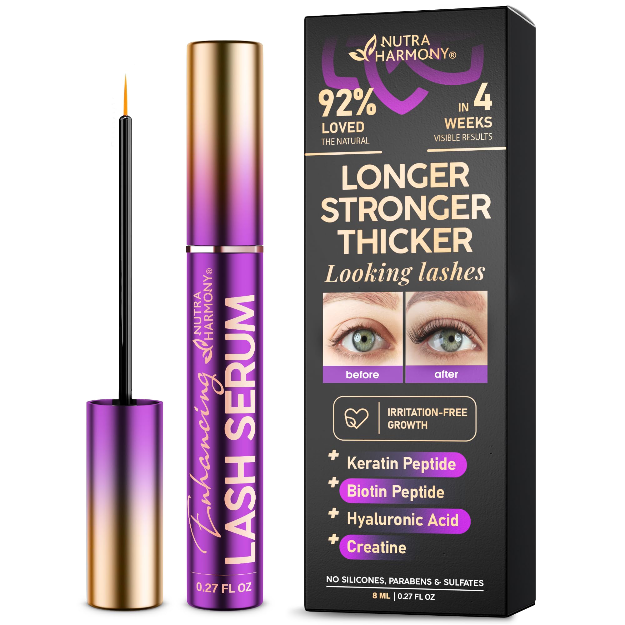 NutraHarmony lash-serum-bottle highlights vegan, non-irritating daily lash care.