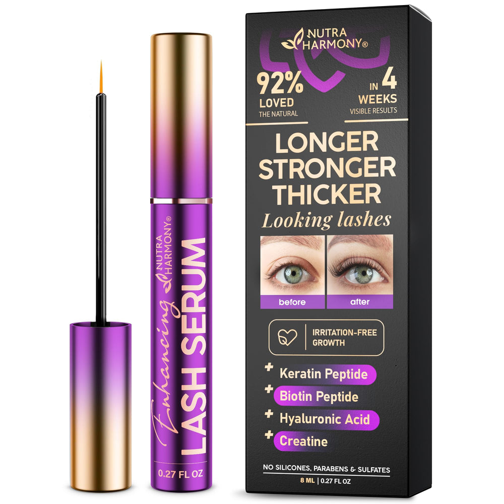 NutraHarmony lash-serum-bottle highlights vegan, non-irritating daily lash care.
