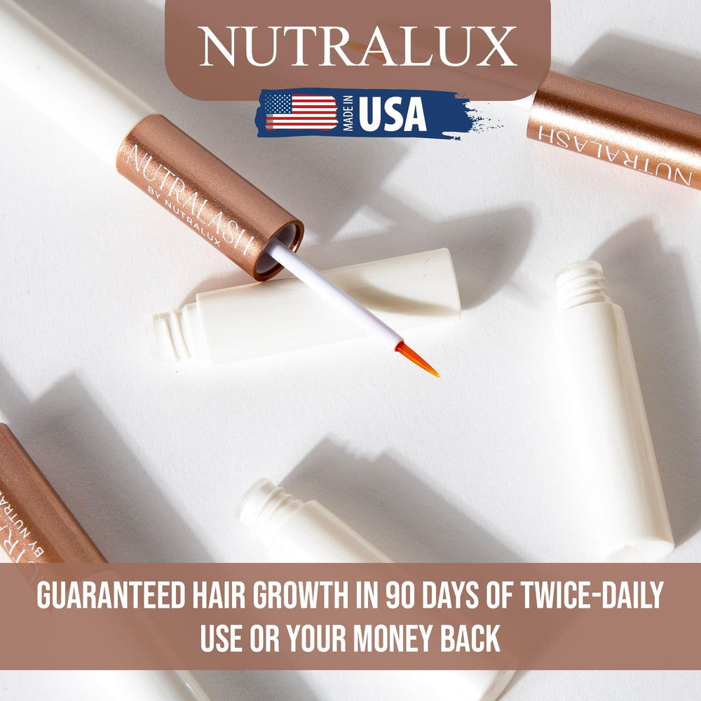 NutraLux NutraLash before-after collage suggests fuller lashes over time.