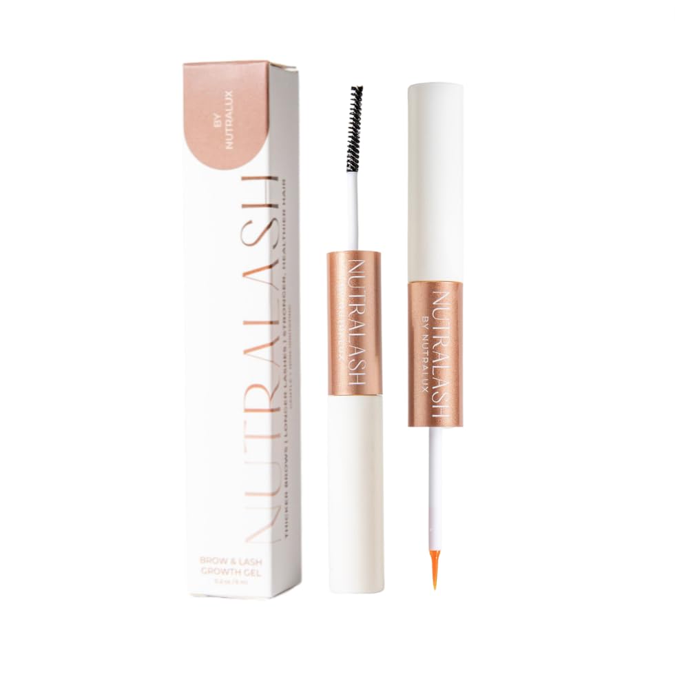 NutraLux NutraLash serum bottle closeup shows gentle, organic formula for lashes.