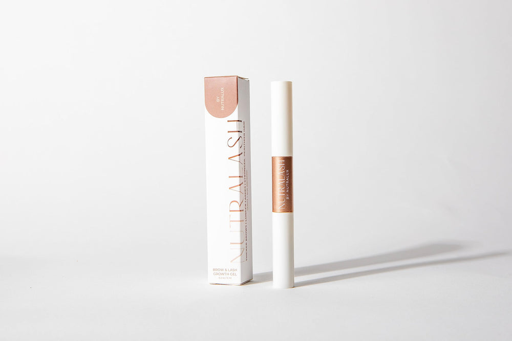 NutraLux NutraLash serum bottle with brush on vanity highlights easy application.