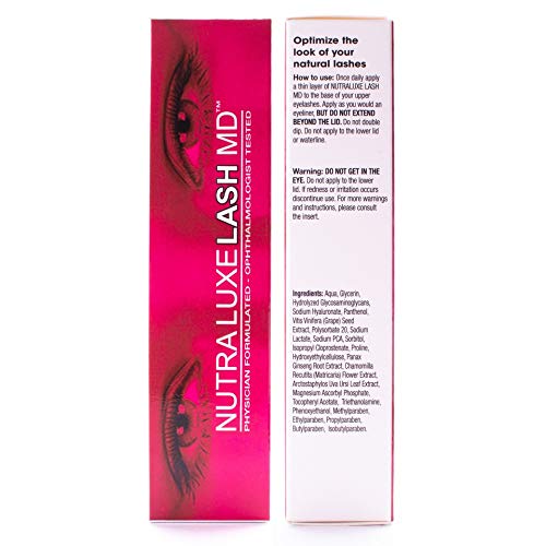 NutraLuxe Md Lash Enhancer before-after concept highlights potential lash appearance changes.