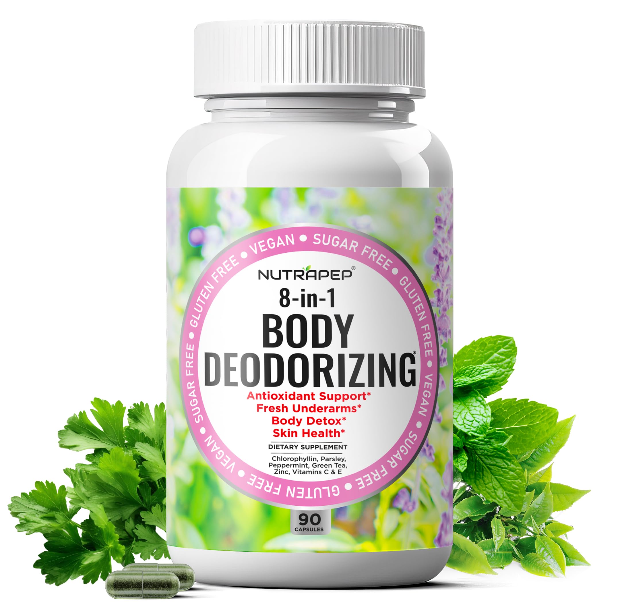 NutraPep bottle front shows clean packaging and daily odor support benefits.