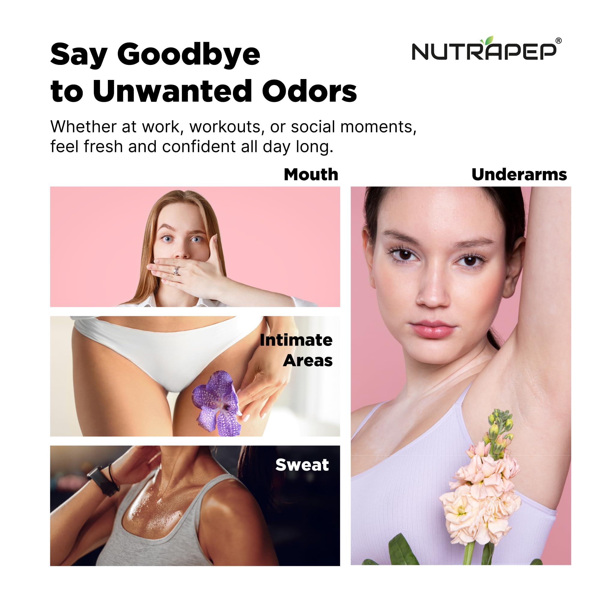 NutraPep capsules shown for internal odor control and easy daily use.