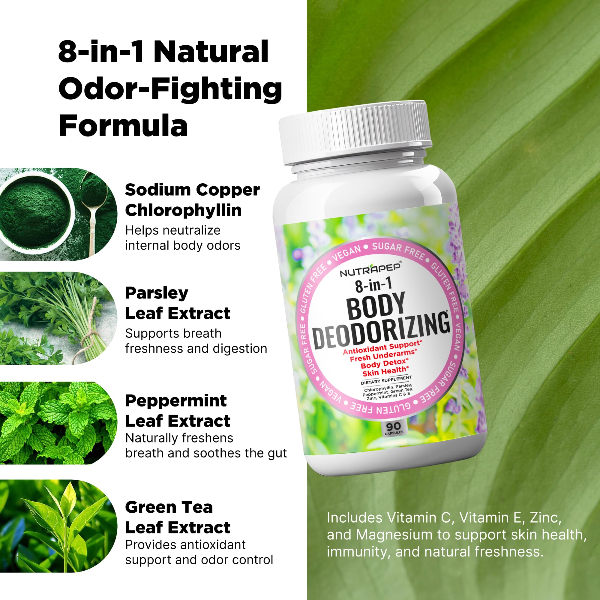 NutraPep ingredients featuring chlorophyllin for natural body freshness.