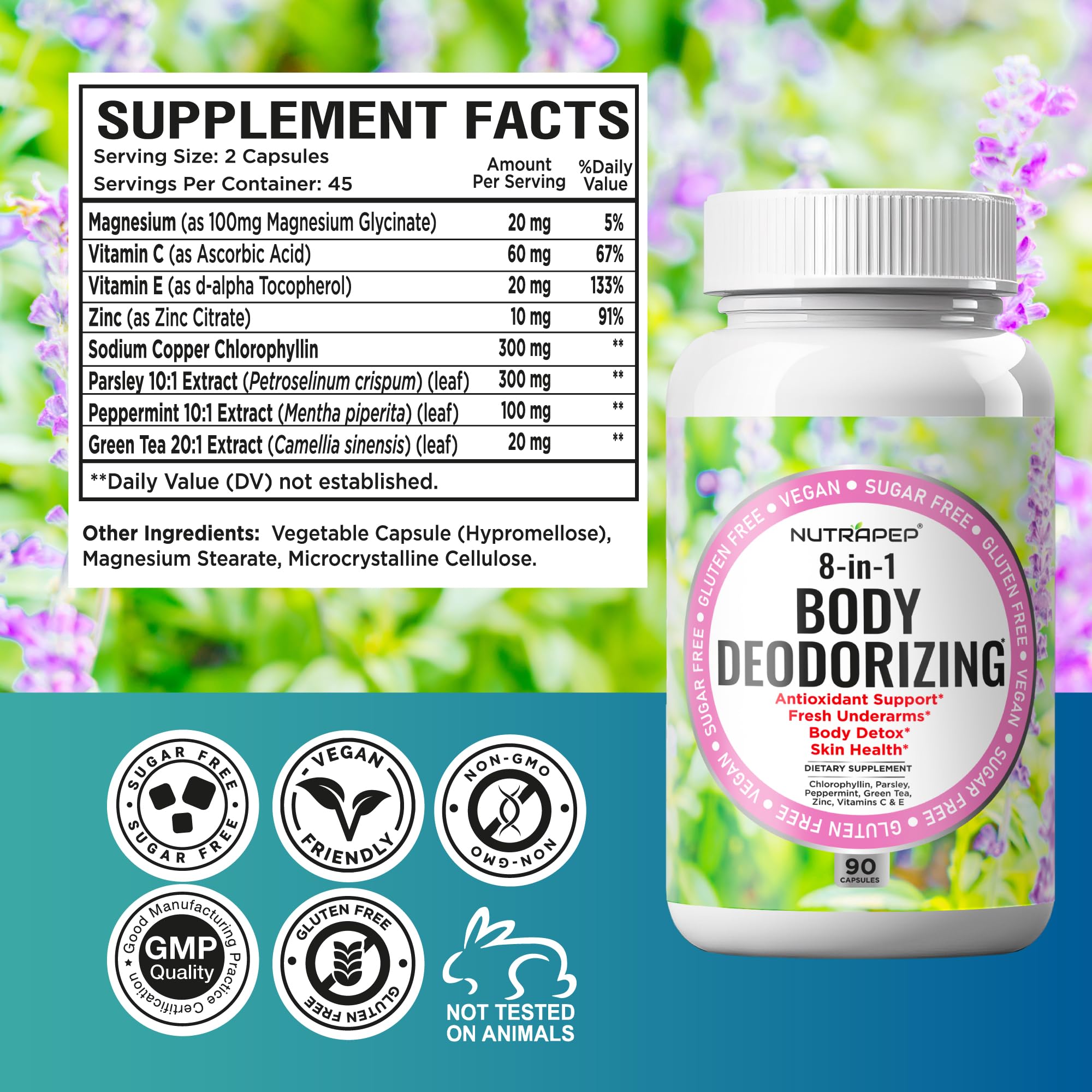 NutraPep packaging info highlighting 90 capsules and 45-day supply.