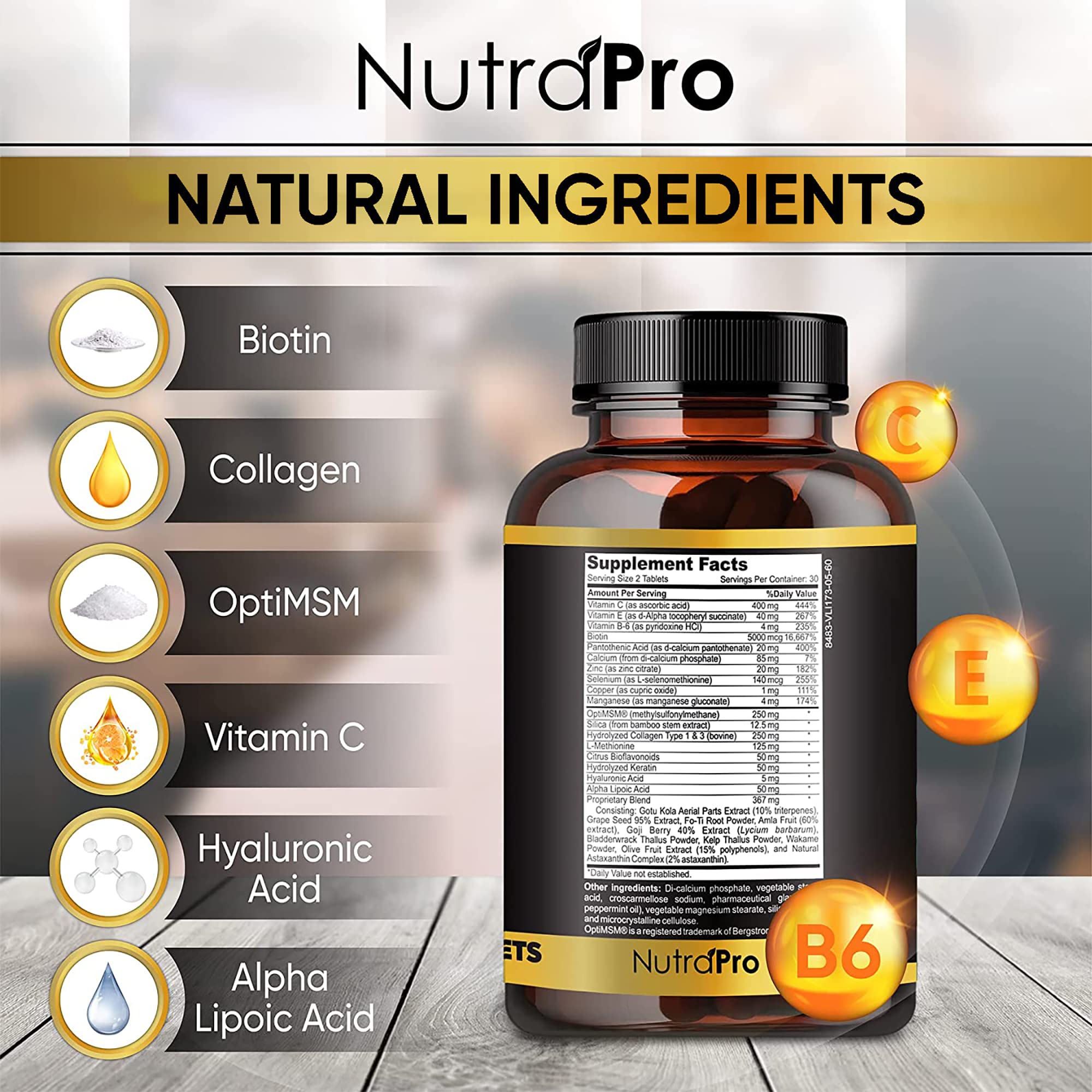 NutraPro Hair Growth Vitamins bottle with beard look suggesting beard fullness support.