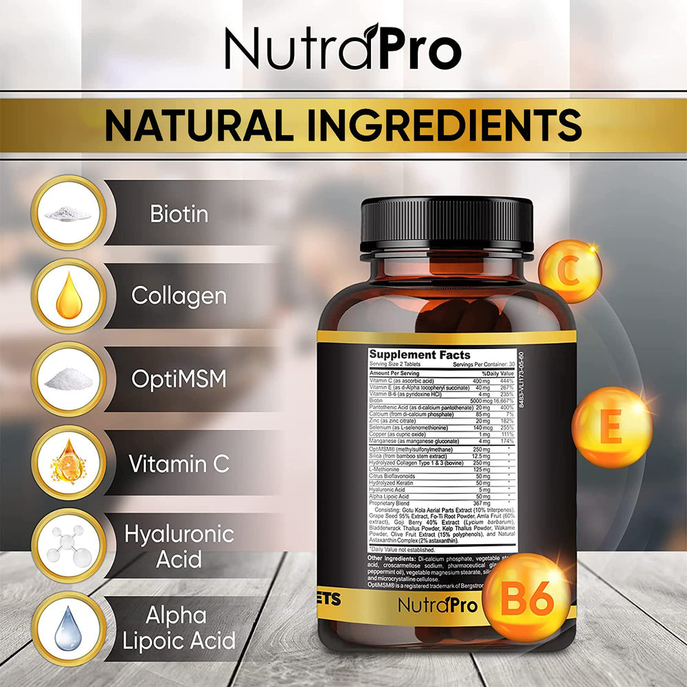 NutraPro Hair Growth Vitamins bottle with beard look suggesting beard fullness support.