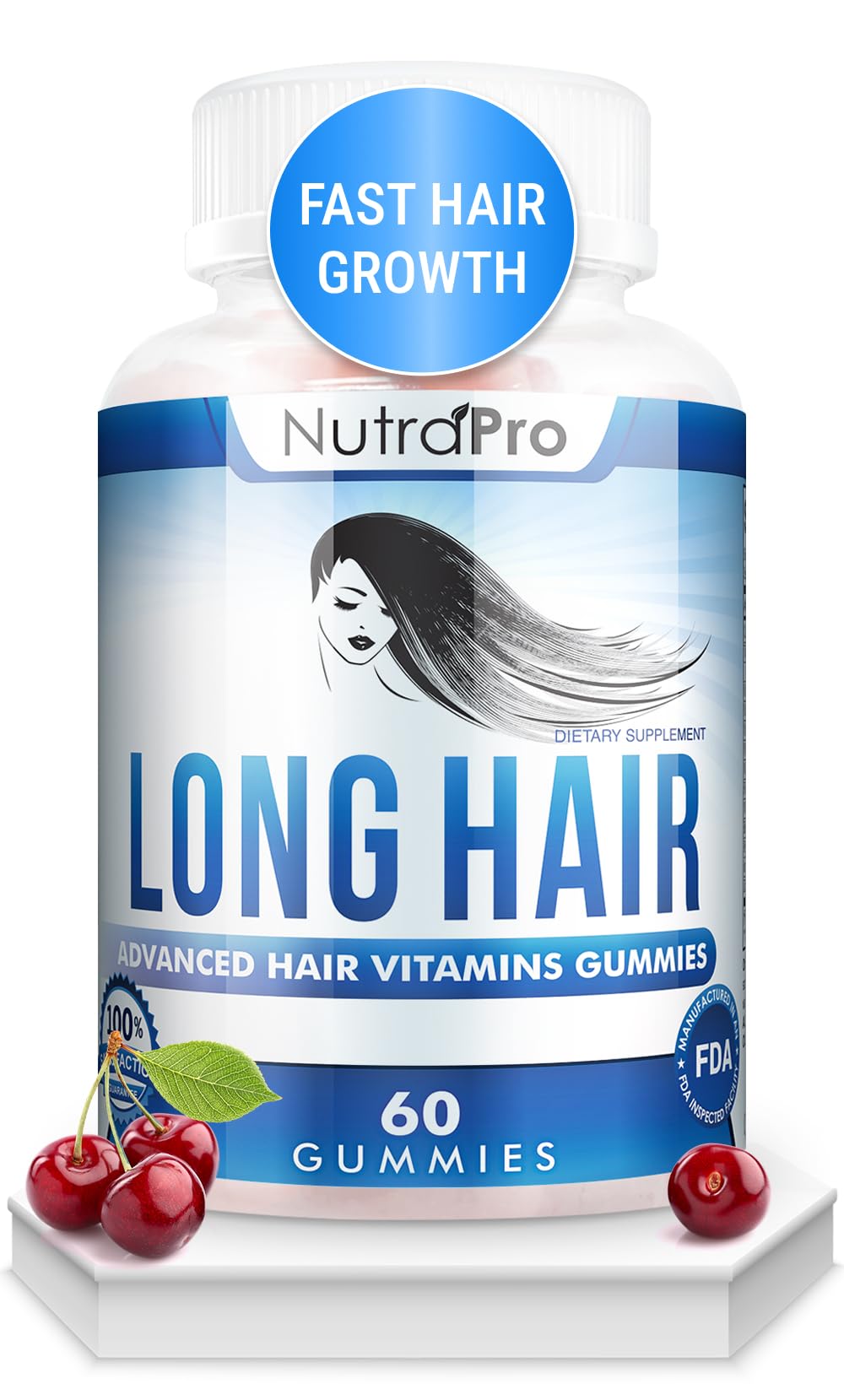 NutraPro Long Hair Gummies bottle closeup highlights cherry flavor for daily nourishment
