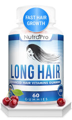 NutraPro Long Hair Gummies bottle closeup highlights cherry flavor for daily nourishment