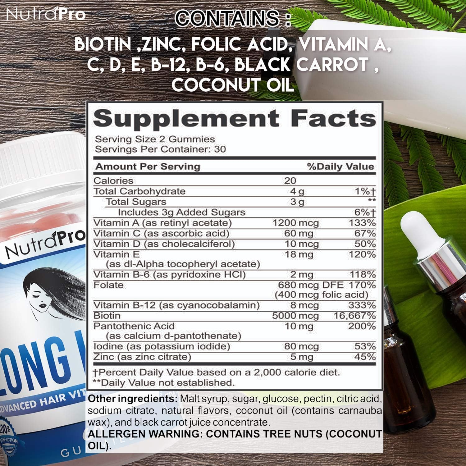 NutraPro Long Hair Gummies glass bottle presentation conveys reliable long-term support