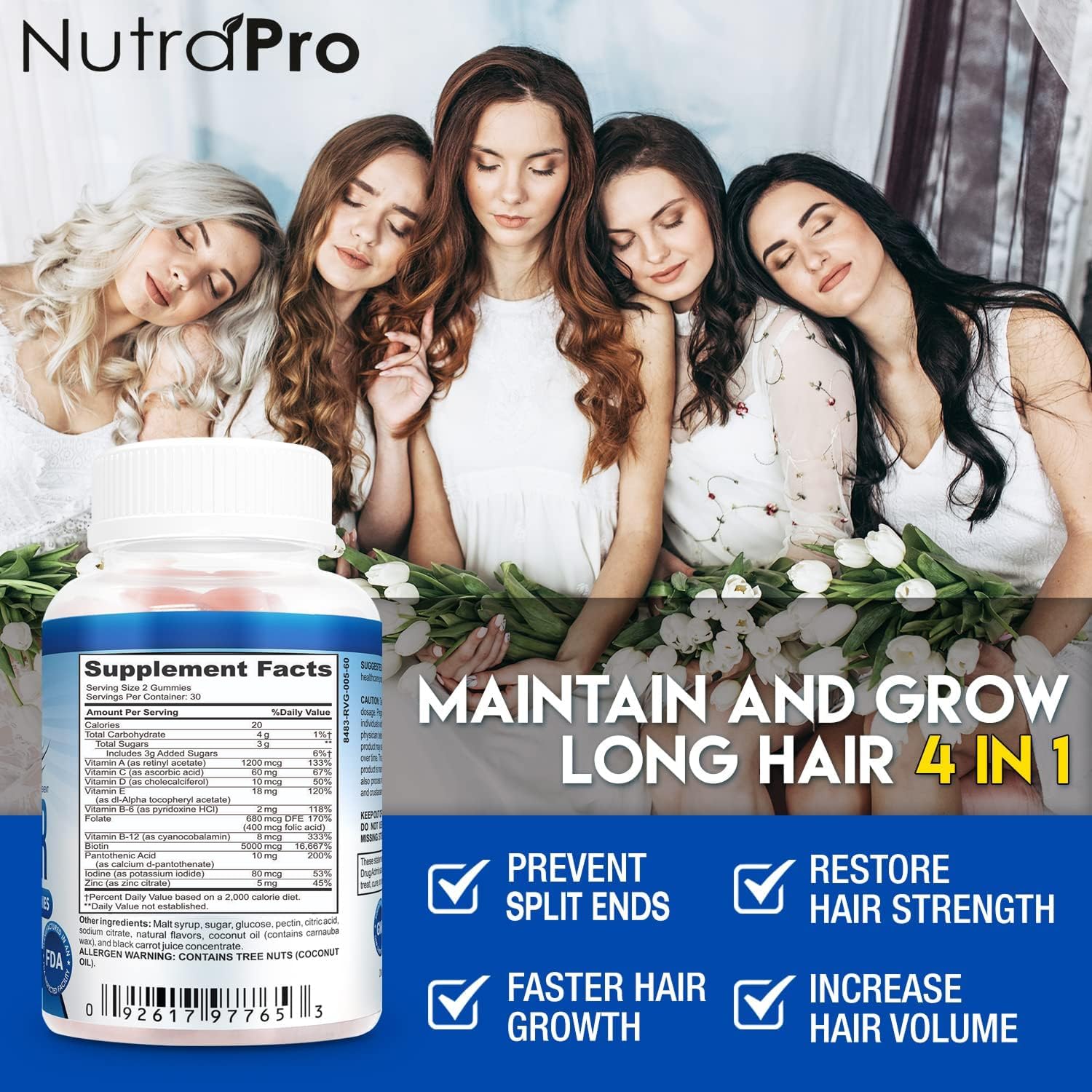 NutraPro Long Hair Gummies packaging emphasizes natural ingredients and simple routine