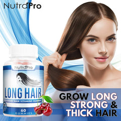 NutraPro Long Hair Gummies texture closeup shows chewy vitality for hair
