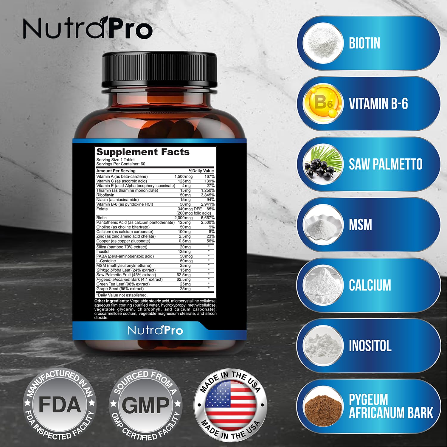 NutraPro MenGrowth bottle label closeup emphasizing DHT blocker ingredients