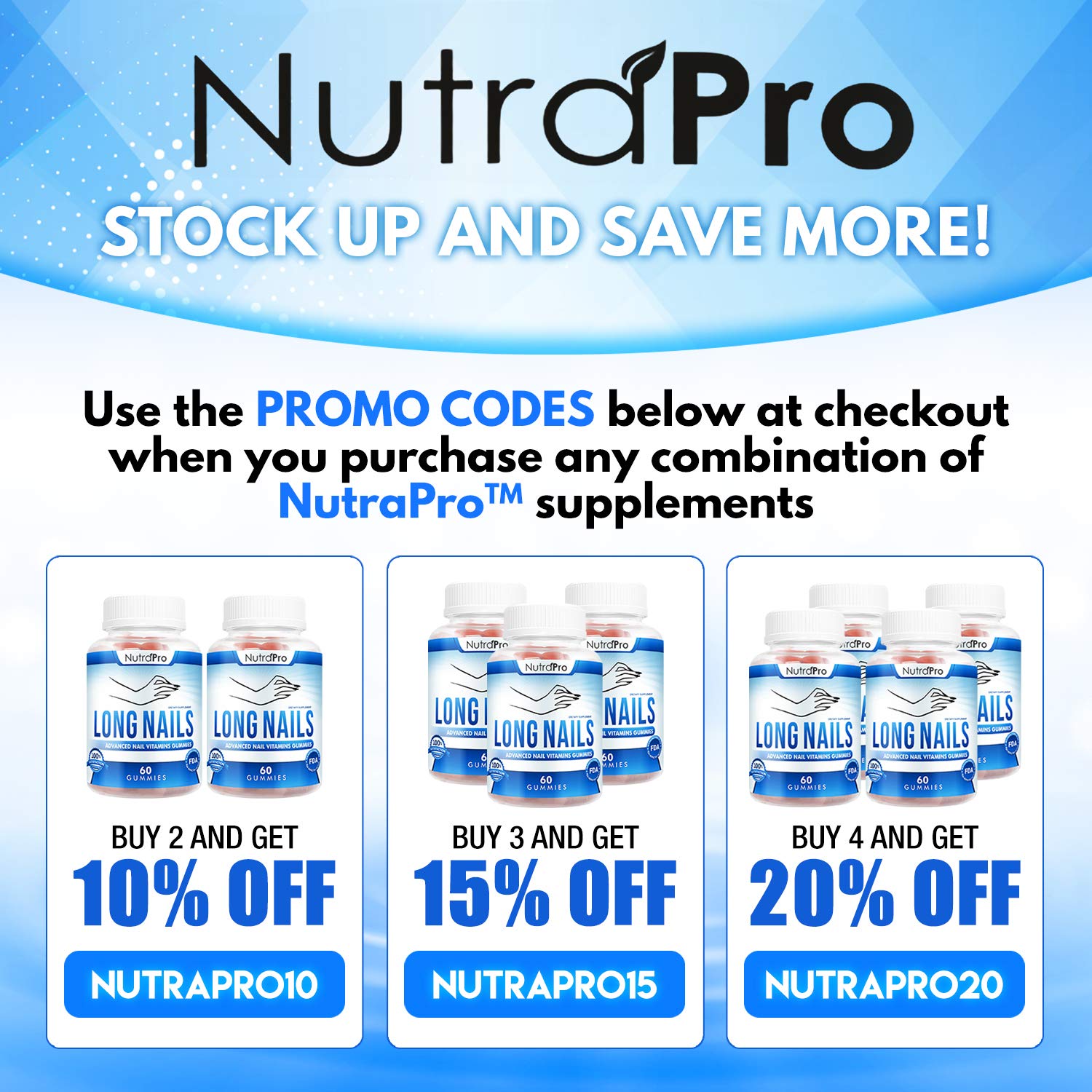 NutraPro Nail Growth Vitamins bottle beside pristine nails implying stronger nail results.