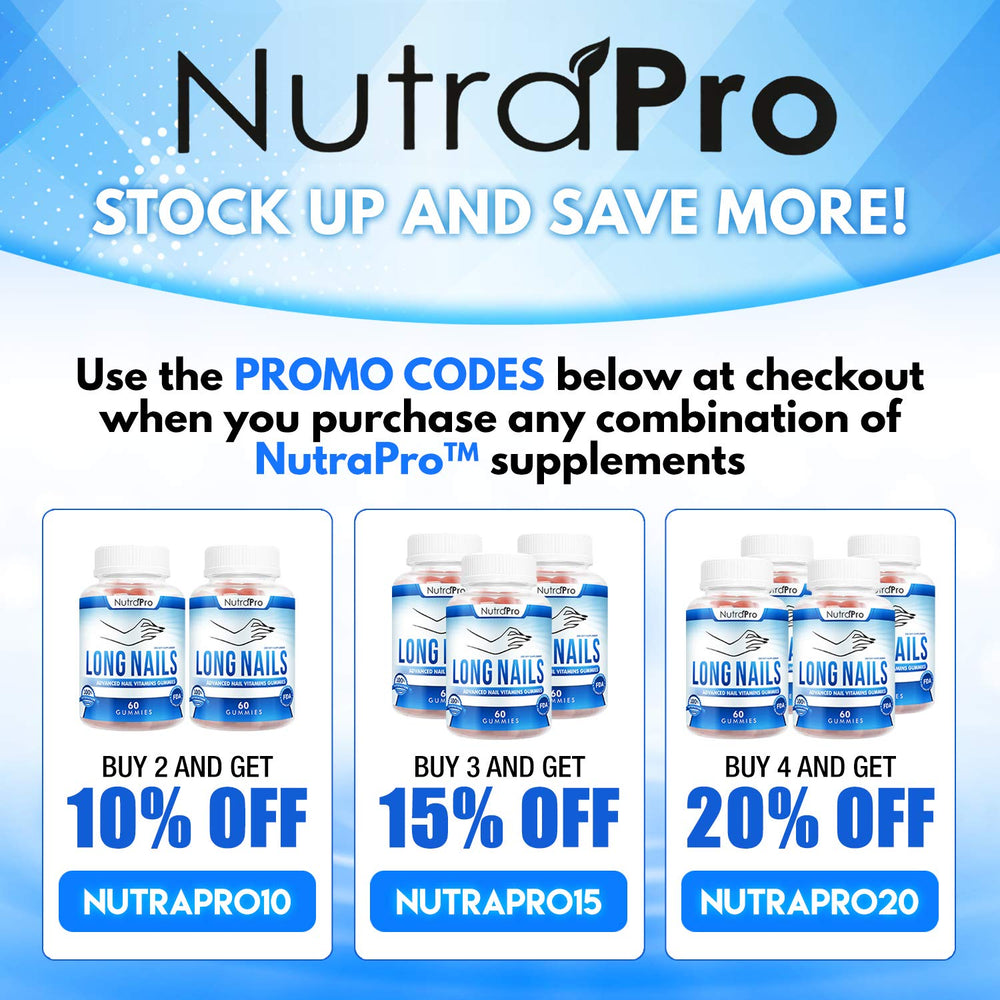 NutraPro Nail Growth Vitamins bottle beside pristine nails implying stronger nail results.