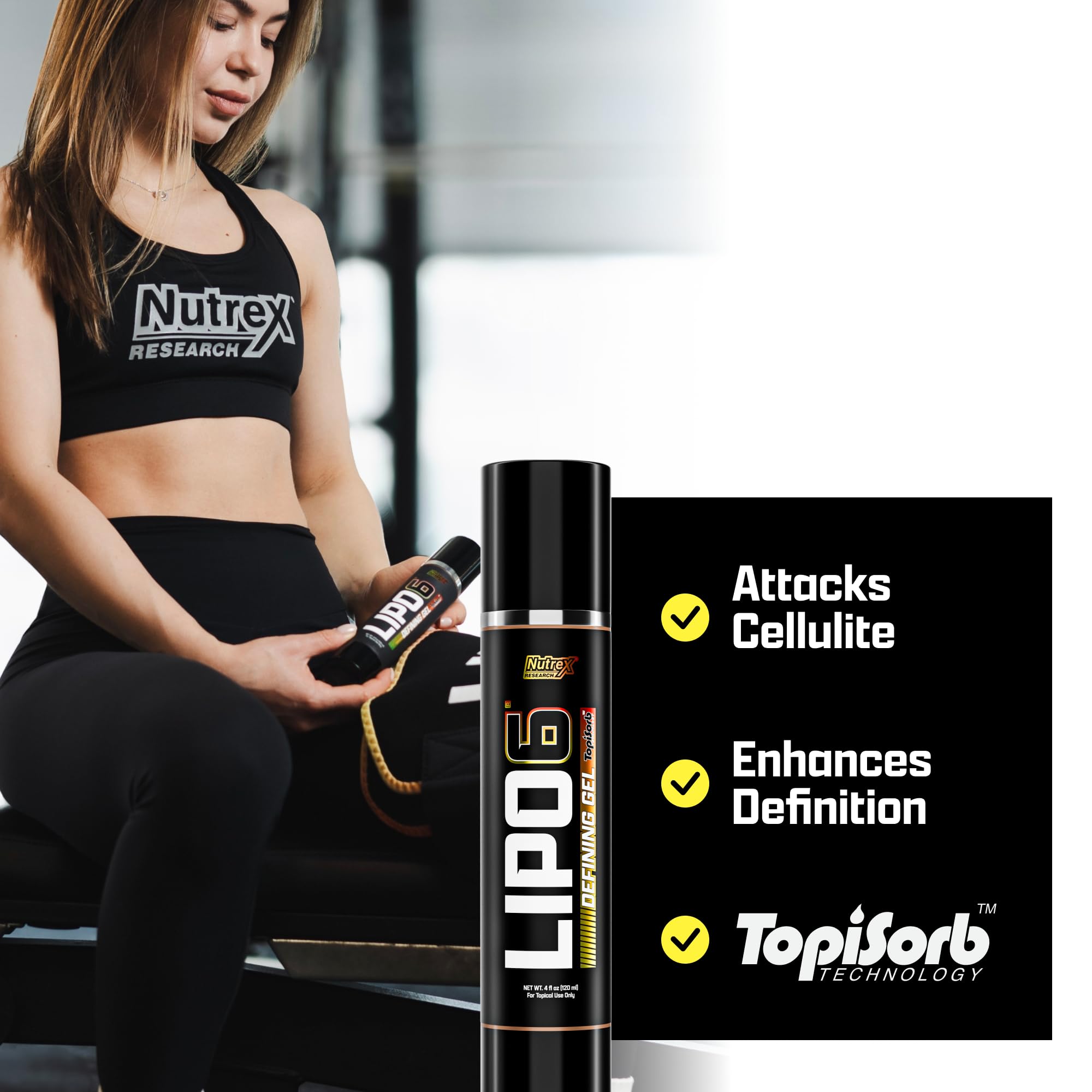 Nutrex Lipo-6 Defining Gel applied on stomach area to support skin elasticity