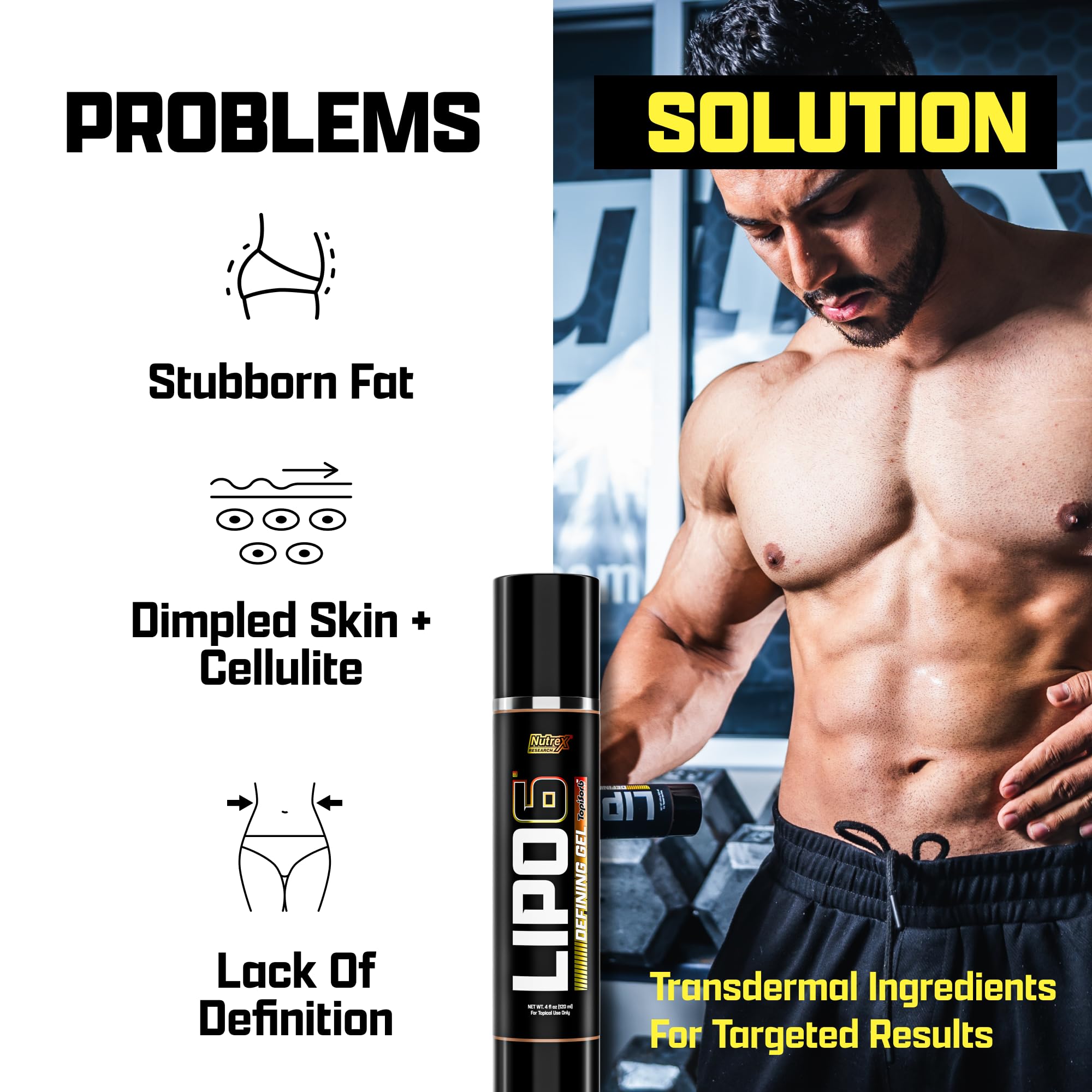 Nutrex Lipo-6 Defining Gel tube closeup shows non-greasy, fast-absorbing formula