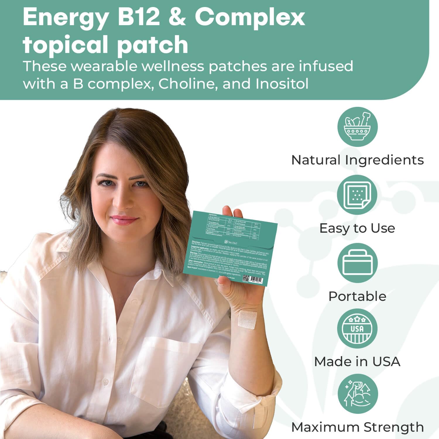 NUTRI-PATCH Energy B12 Complex patch on arm showing wearable convenience