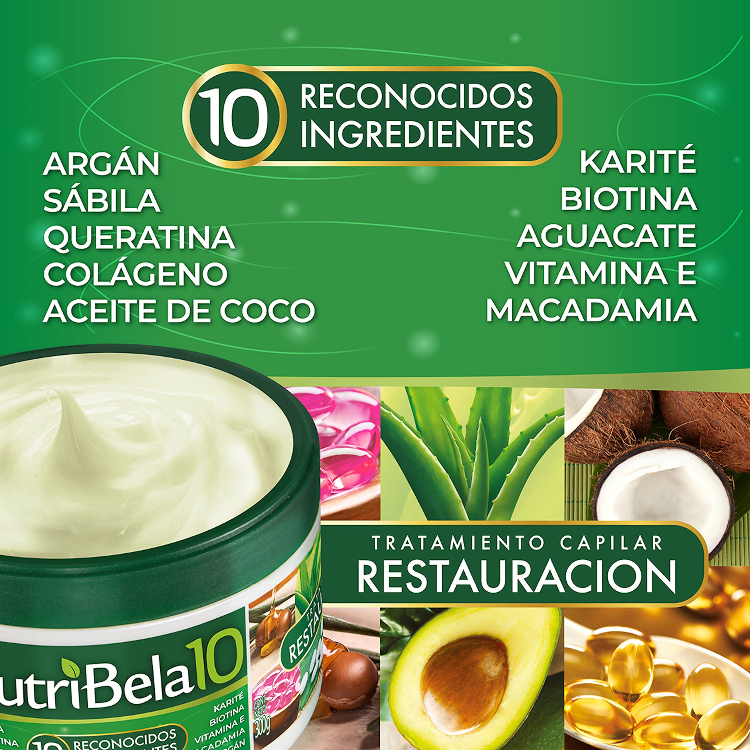 NUTRIBELA10 coconut oil focus indicates dandruff relief and hair luster.