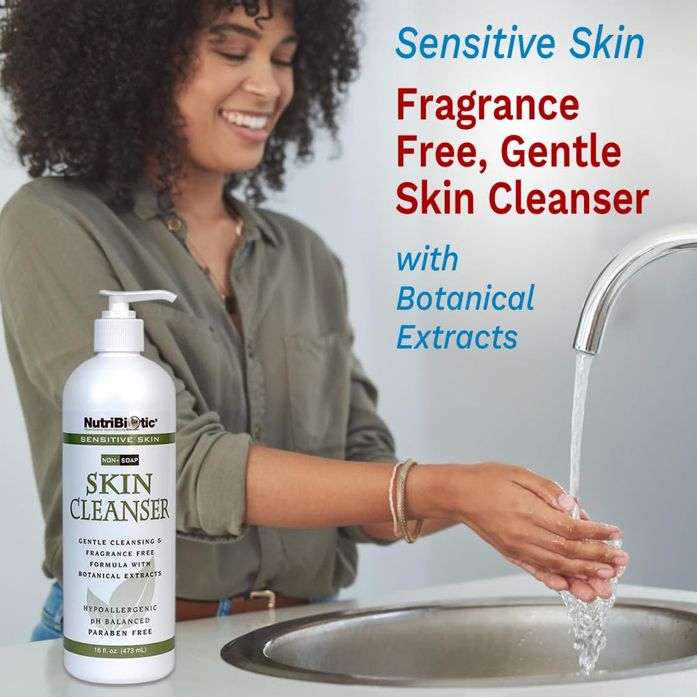 NutriBiotic Sensitive Skin Cleanser twin-pack pour demonstrates fragrance-free cleansing.
