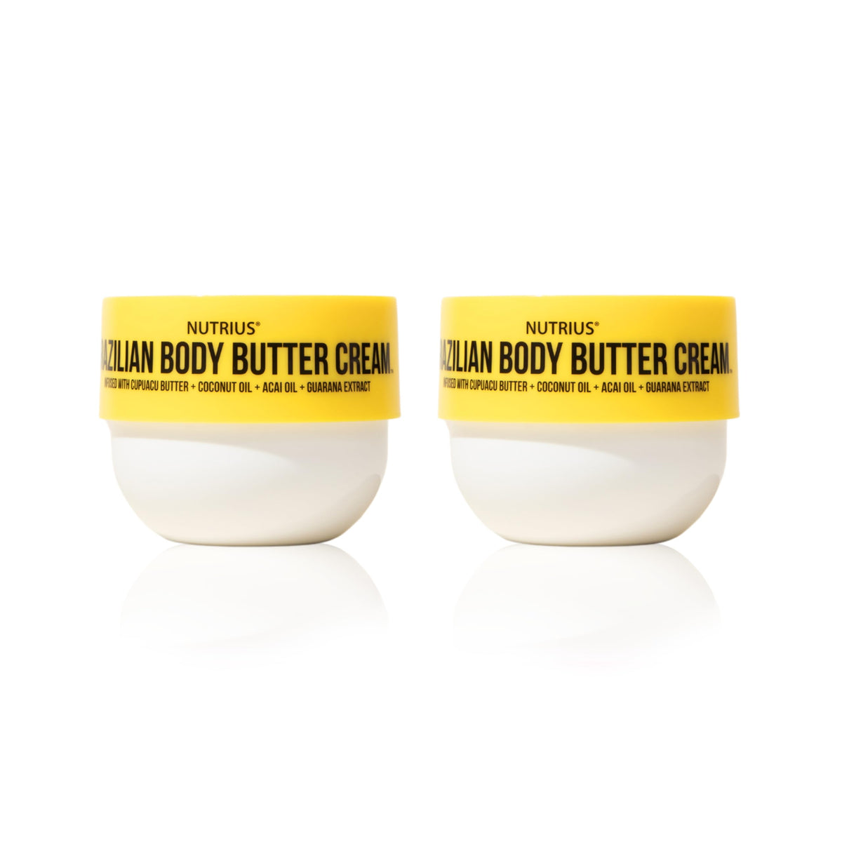 Nutrius Brazilian Body Butter 2-Pack packaging shows rich Cupuacu infusion for deep hydration.