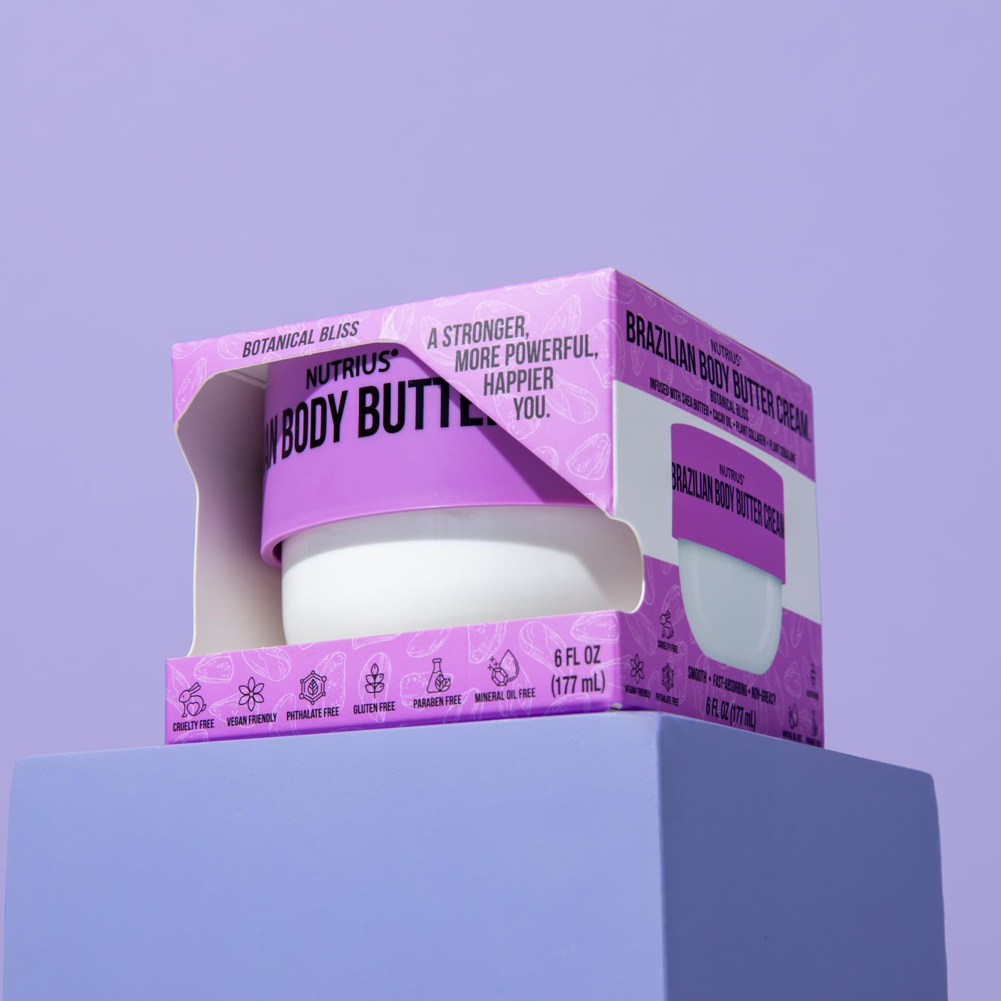 Nutrius Brazilian Body Butter Cream Botanical Bliss ingredients Cupuacu and Acai deliver deep moisturization.