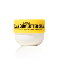 Nutrius Brazilian Body Butter Cream jar closeup for rich nourishing hydration.