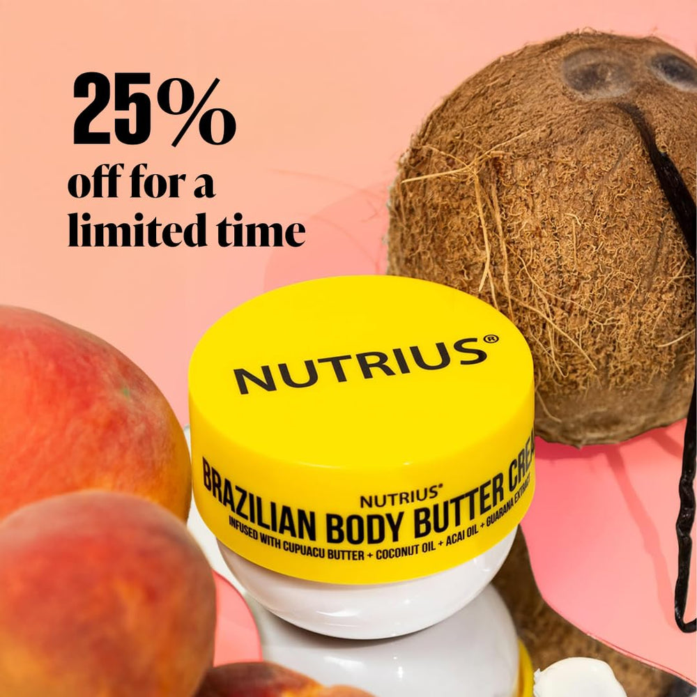 Nutrius Brazilian Body Butter Cream packaging front for all skin types.