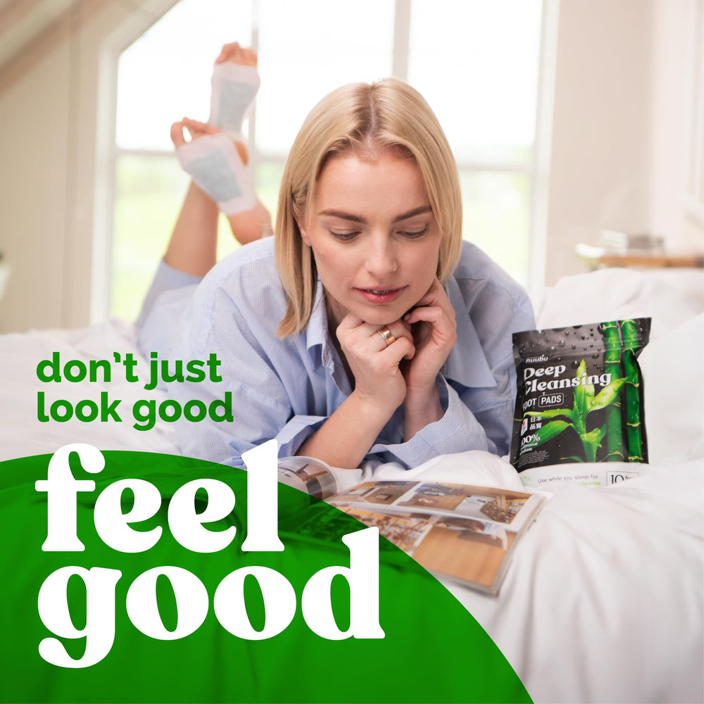 Nuubu foot pads on feet at night for easy overnight relaxation