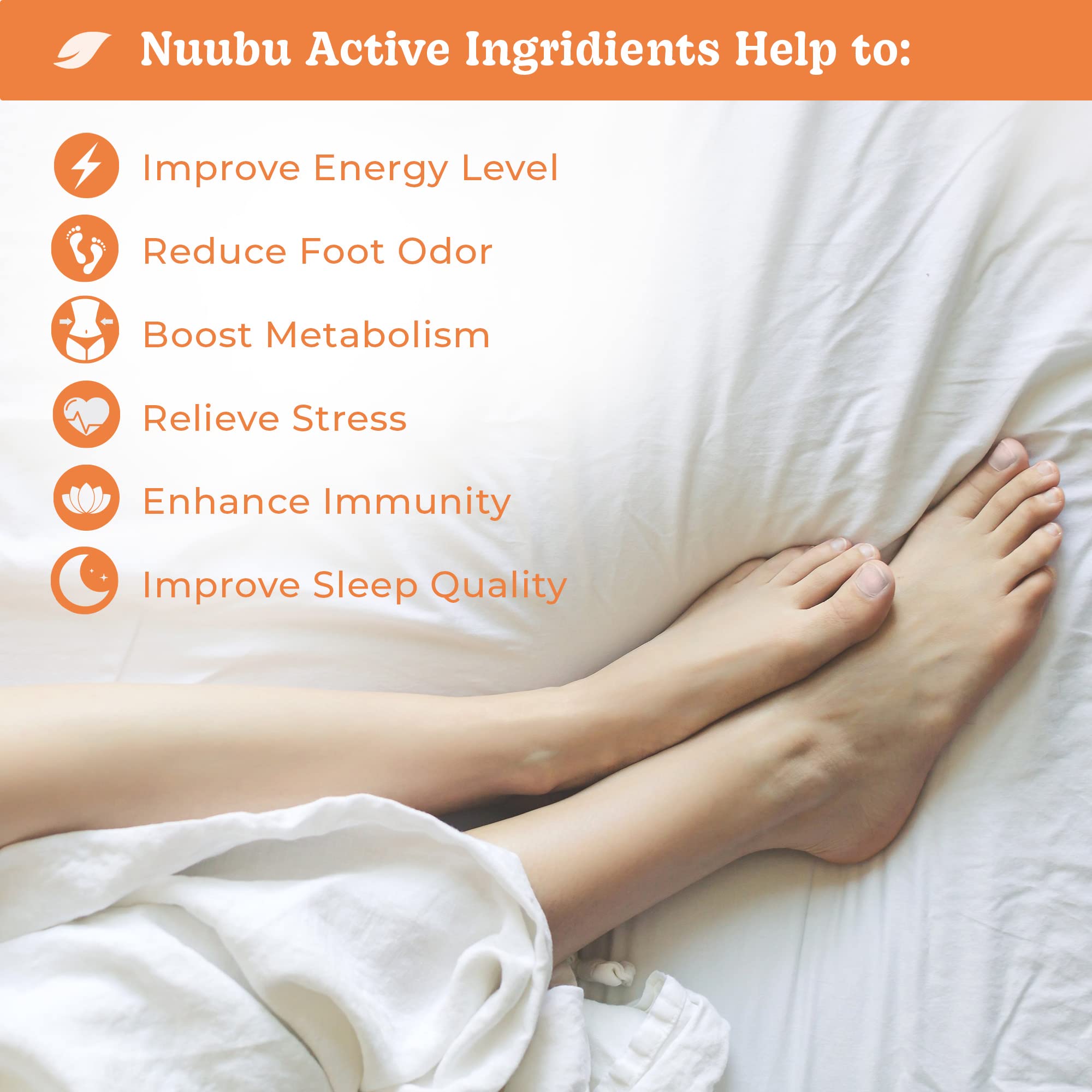 Nuubu foot pads on feet during night use for calm, restorative sleep