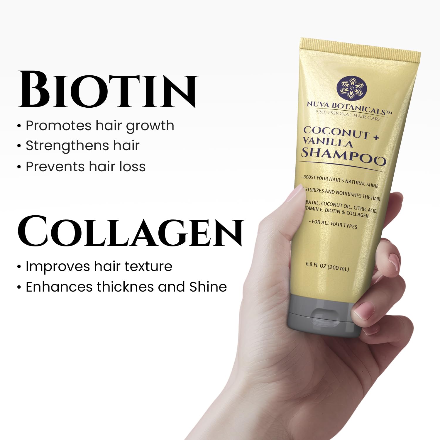 Nuva Botanicals acondicionador coco-vanilla, botella elegante, brillo suave y fácil desenredo.