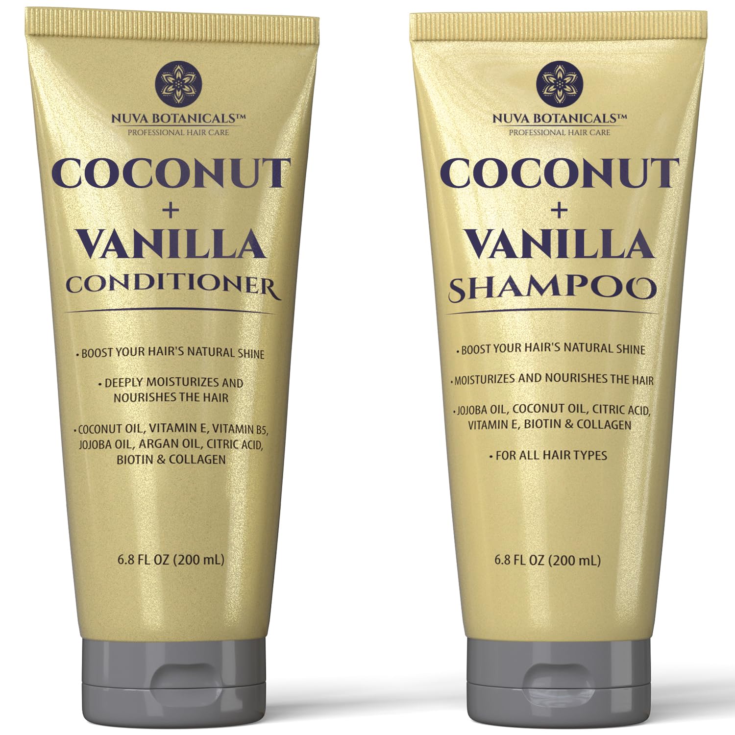 Nuva Botanicals champú coco-vanilla, botella iluminada, hidratación inicial para el cabello.