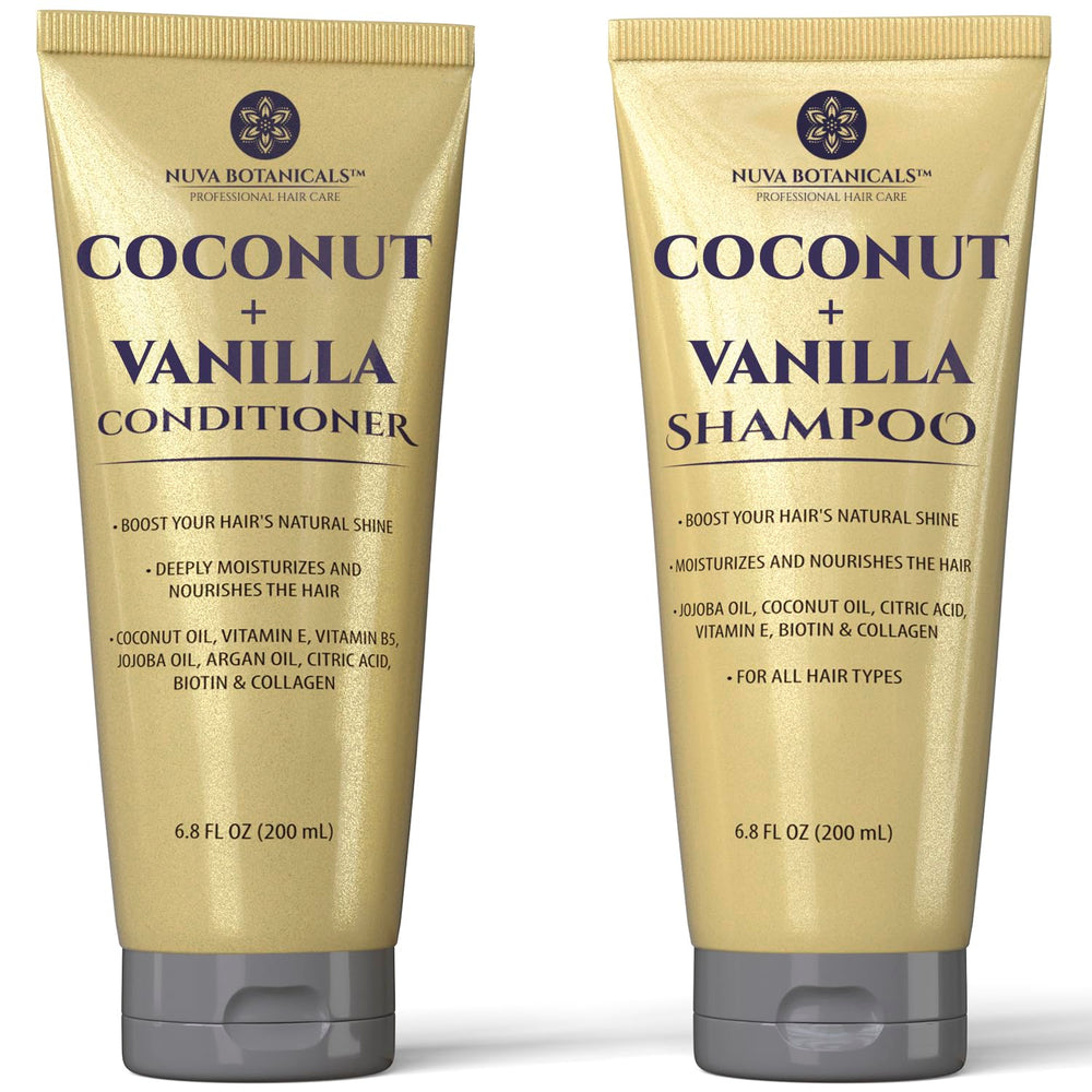 Nuva Botanicals champú coco-vanilla, botella iluminada, hidratación inicial para el cabello.