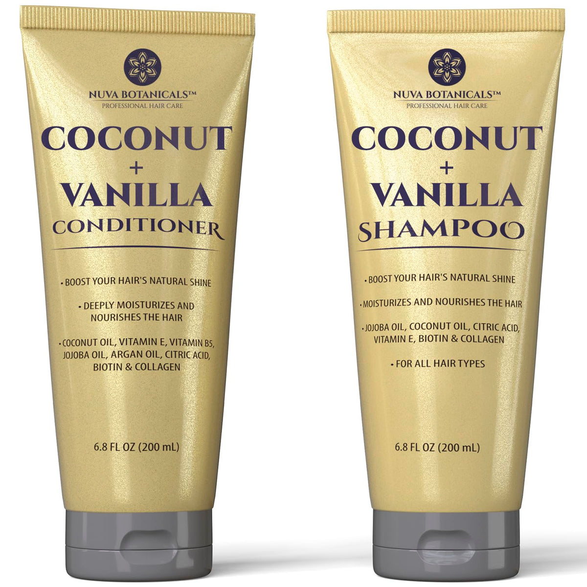 Nuva Botanicals champú coco-vanilla, botella iluminada, hidratación inicial para el cabello.