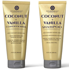 Nuva Botanicals champú coco-vanilla, botella iluminada, hidratación inicial para el cabello.