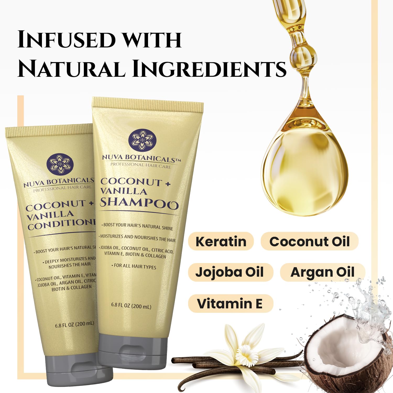 Nuva Botanicals champú coco-vanilla, textura cremosa, aroma tropical vigorizante.