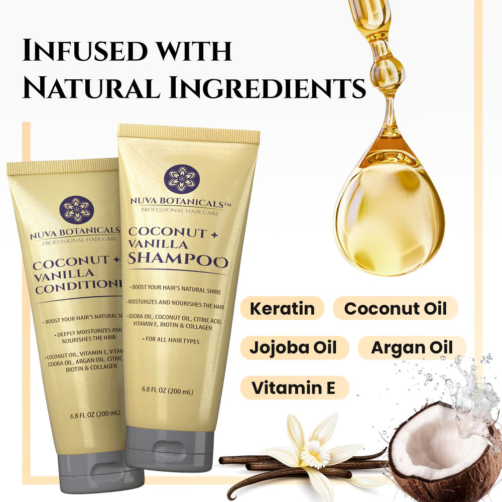 Nuva Botanicals champú coco-vanilla, textura cremosa, aroma tropical vigorizante.