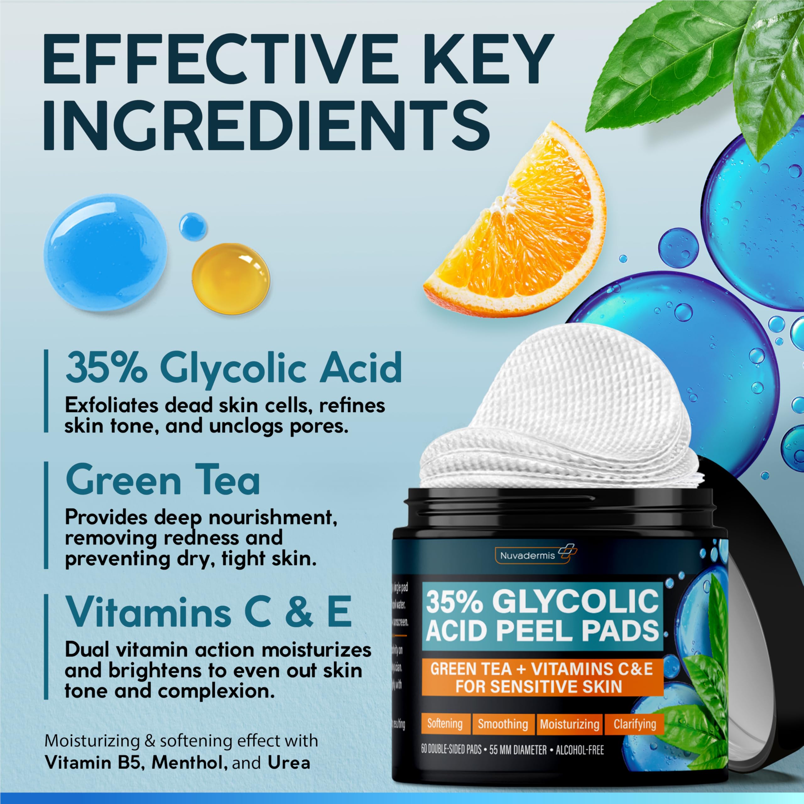 NUVADERMIS 35% glycolic peel pads double-sided close-up demonstrates dual exfoliation action