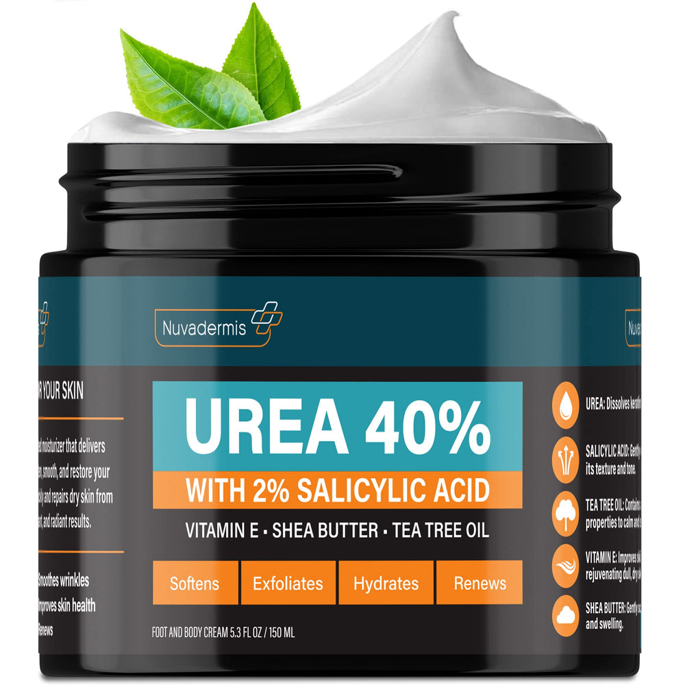 NUVADERMIS Urea Cream 40 percent bottle pour highlighting hydration for dry skin