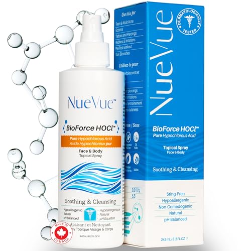 NueVue BioForce HOCl face mist delivers 360-degree coverage for quick refreshing glow.