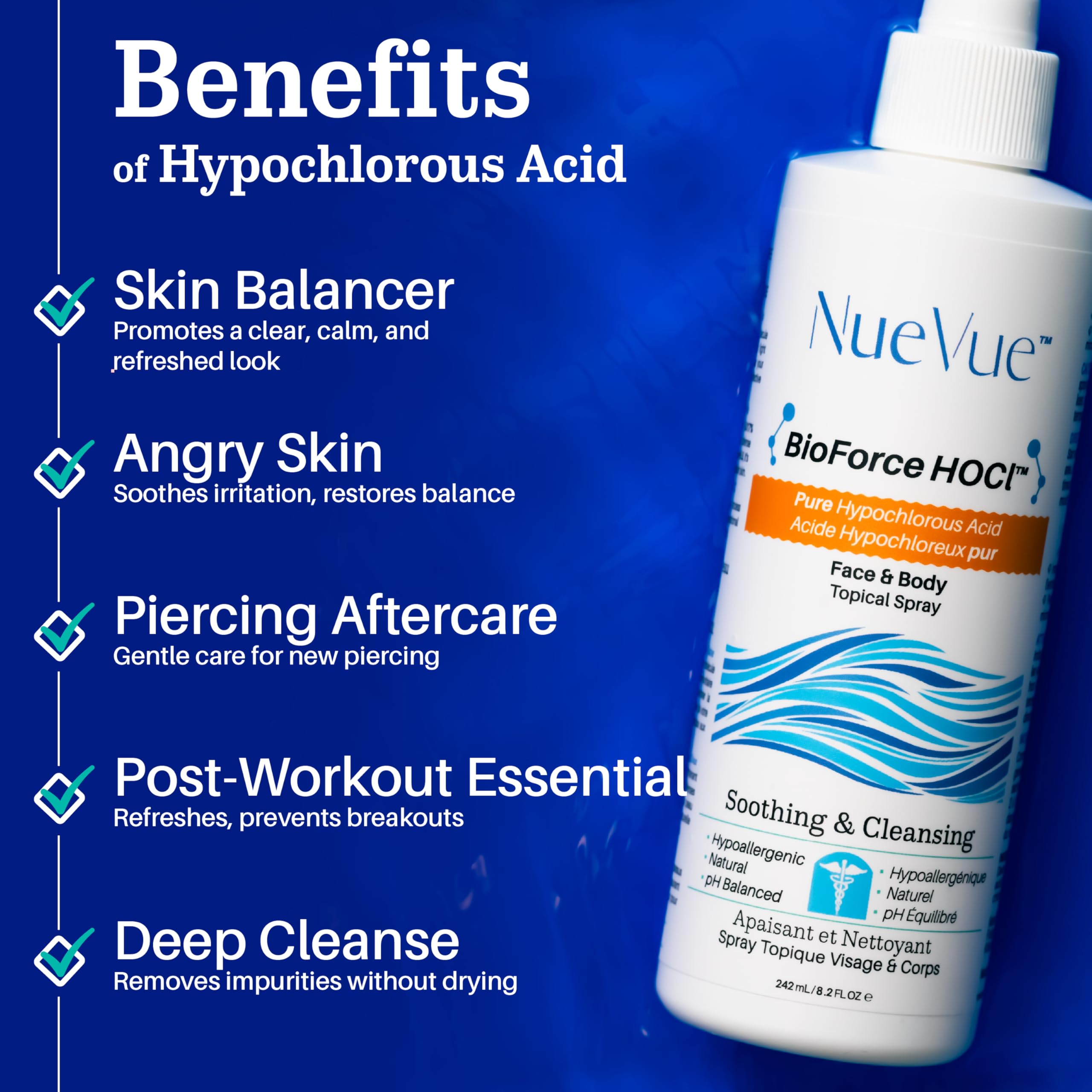 NueVue HOCl spray application shows fast 3-second mist across skin.
