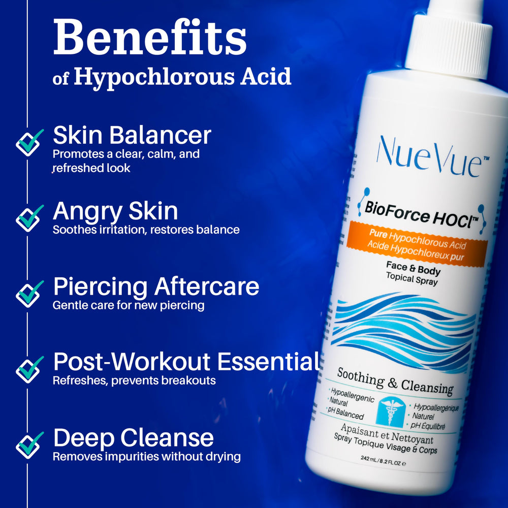 NueVue HOCl spray application shows fast 3-second mist across skin.