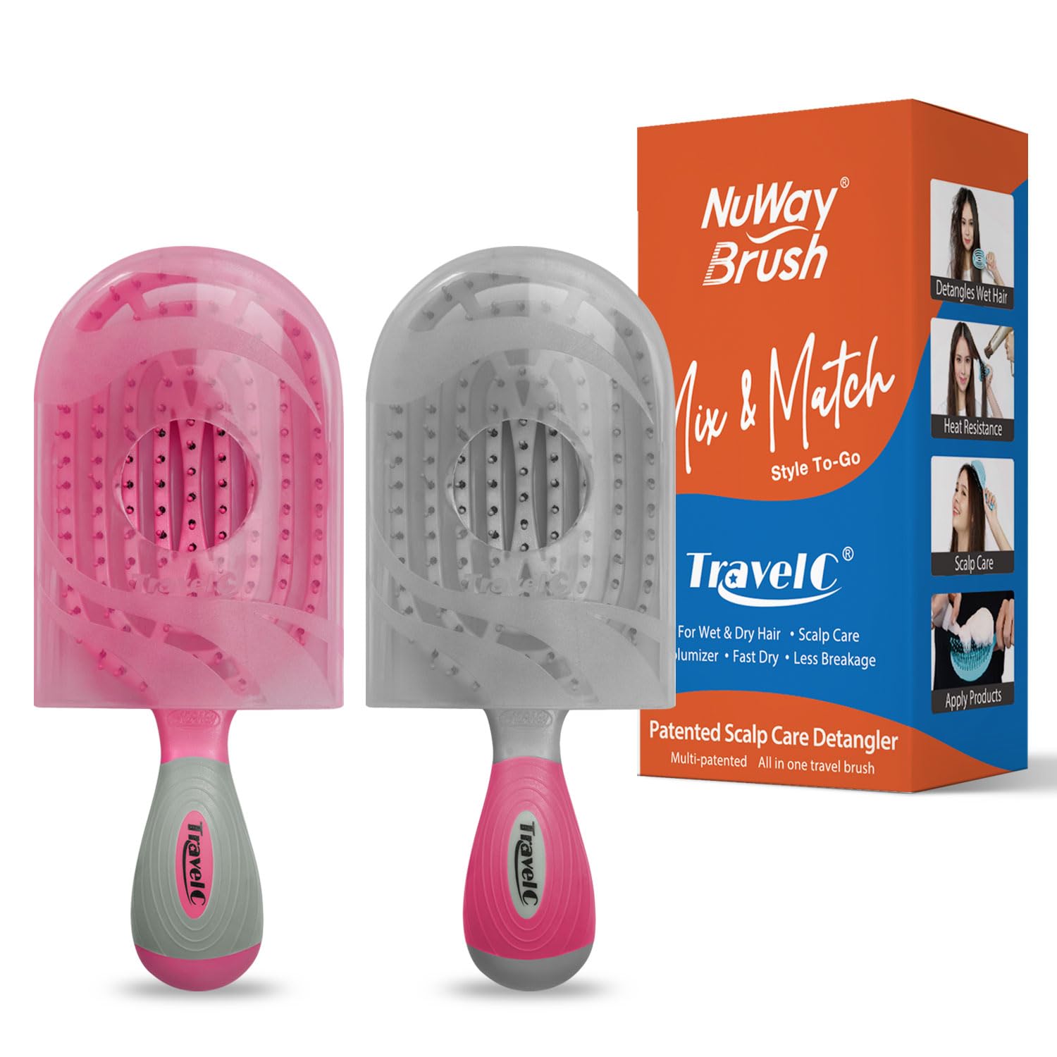 Patented brush cover on NuWay 4Hair protects during travel.