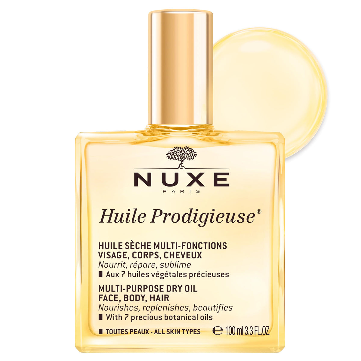 Nuxe Huile Prodigieuse bottle shown for daily multi-use nourishment.