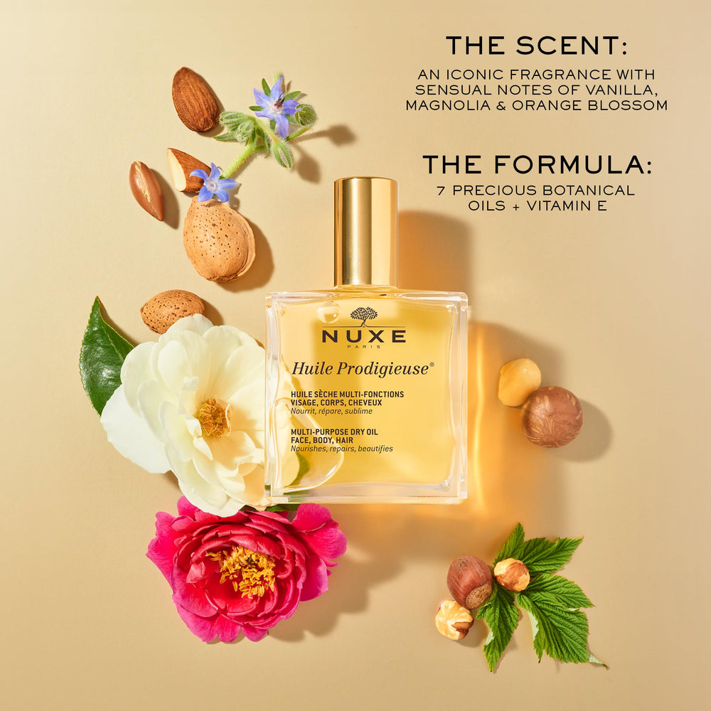Nuxe Huile Prodigieuse applied on face, body, and hair for versatility.